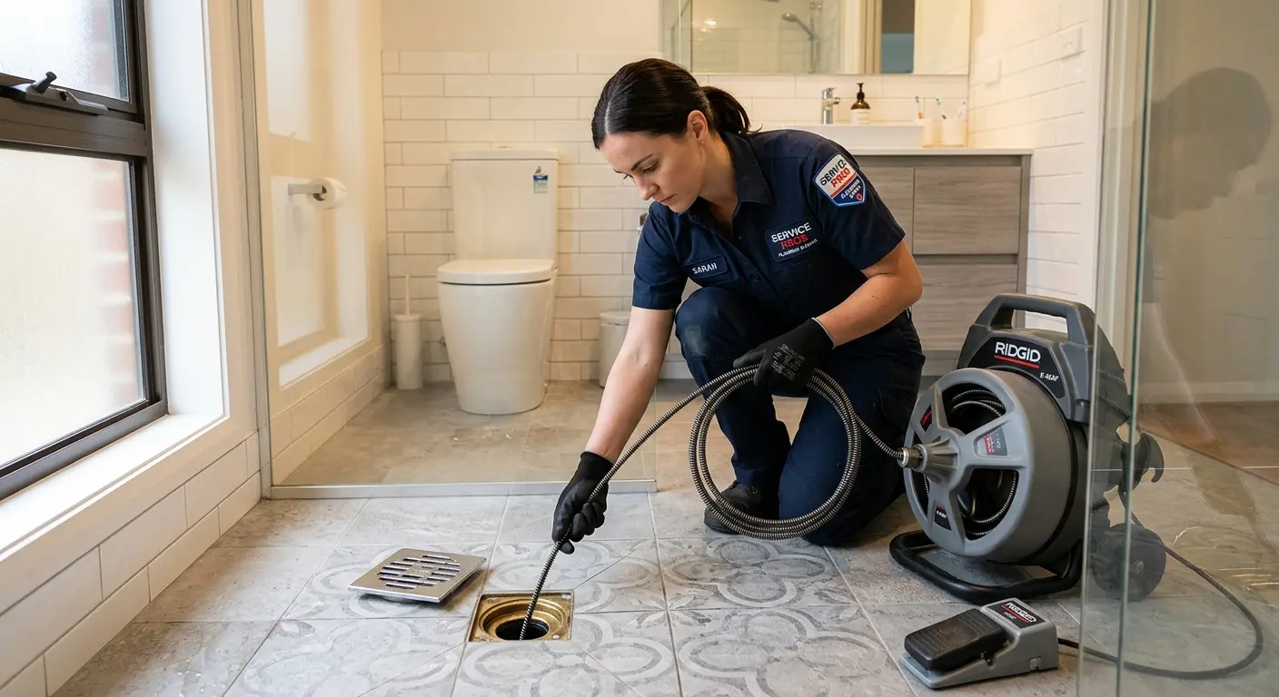 Technician clearing a bathroom floor drain for Sewer Line Replacement in Manchester